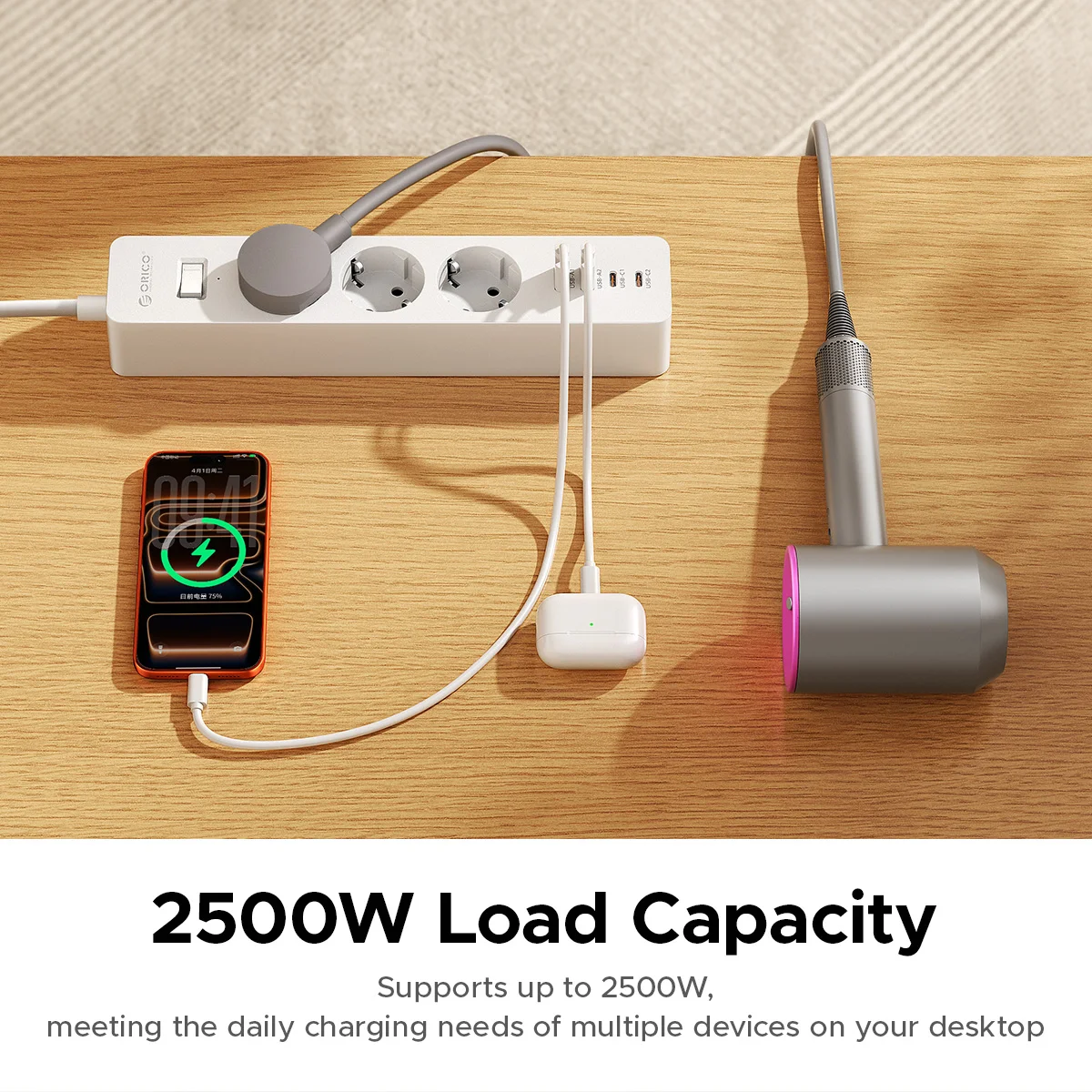 ORICO Desk Clamp Power Strip EU Socket, 7-in-1 Charging Station PD 20W USB C Fast Charger, 3 Schuko Outlets 2500W, Table Edge Mo
