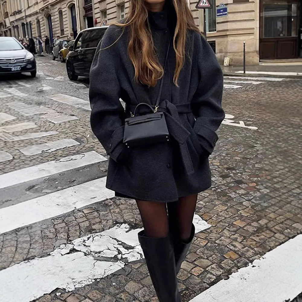 Autumn and Winter New Women's Belt Semi-high Neck Solid Color Woolen Coat Jacket