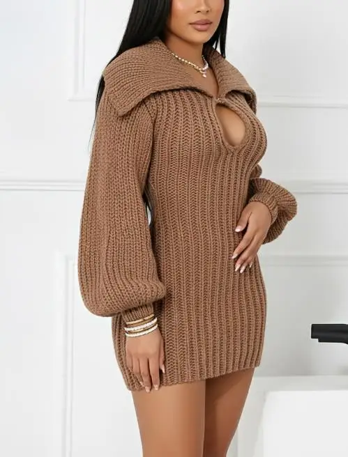 2025 Elegant Sexy New Fashion Commuting Winter Big Collar Slim Fit Elastic Lantern Sleeve Woolen Dress