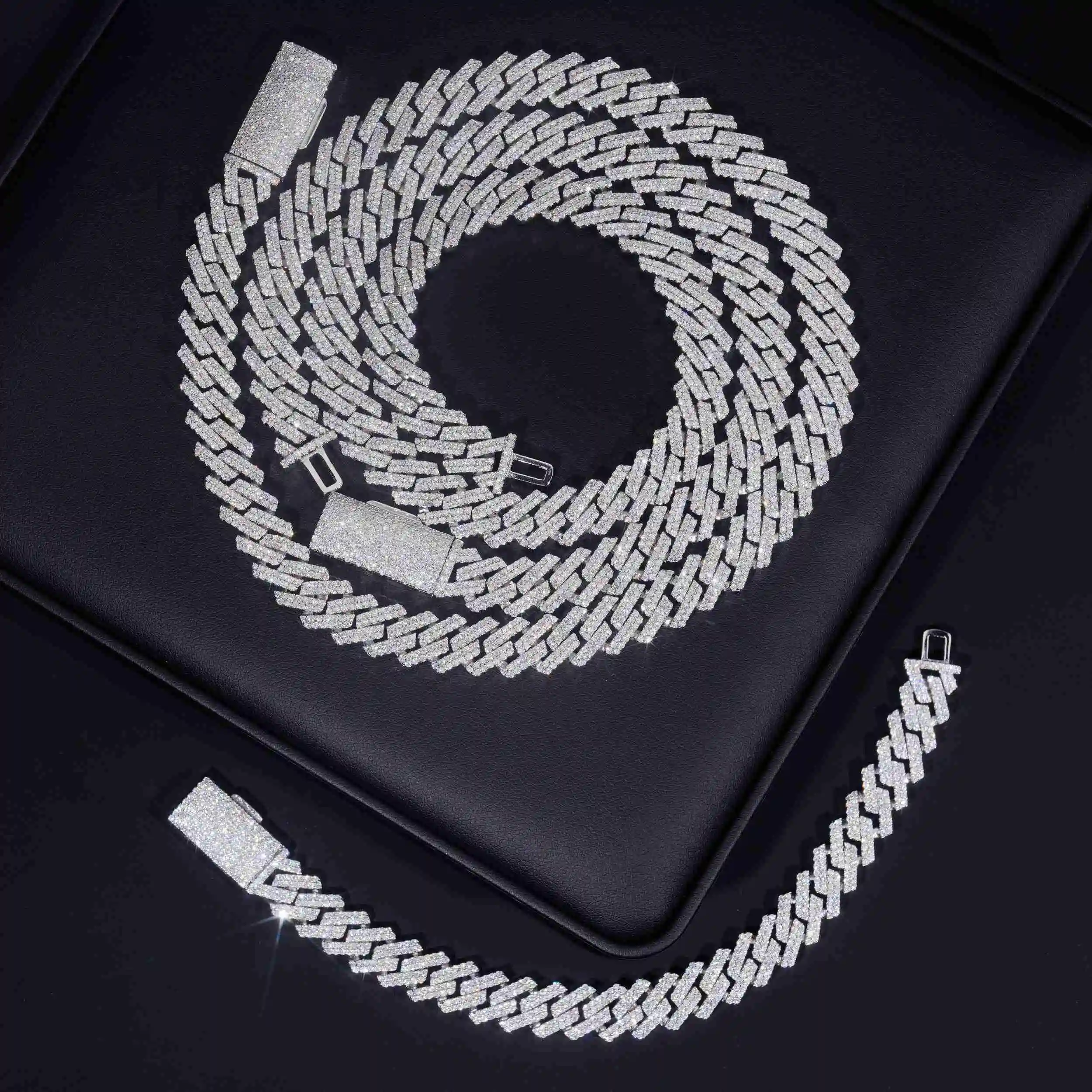 Trend Explosion Moissanite Jewelry 12mm Classic Double Row Cuban Necklace 925 Silver Gold Plated Moissanite Cuban Chain，