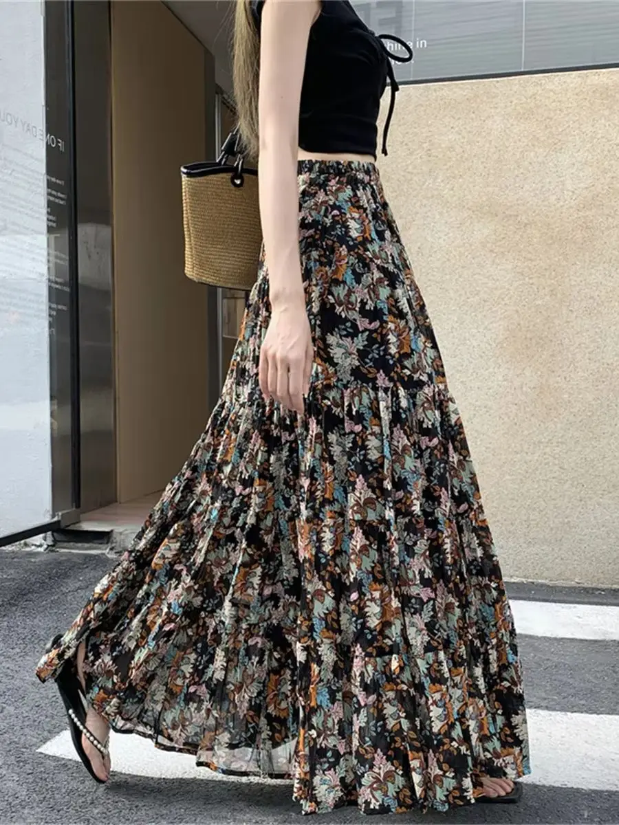 

Summer Fashion Black Floral Pleated Chiffon Skirt with Pockets Vacation Layered Patchwork Pleated Midi Skirts