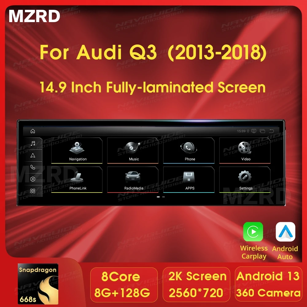 MZRD 14.9'' Android 13.0 Car Radio For Audi Q3 2013-2018 Multimedia Player Navigation Stereo CarPlay GPS Screen Head Unit BT 