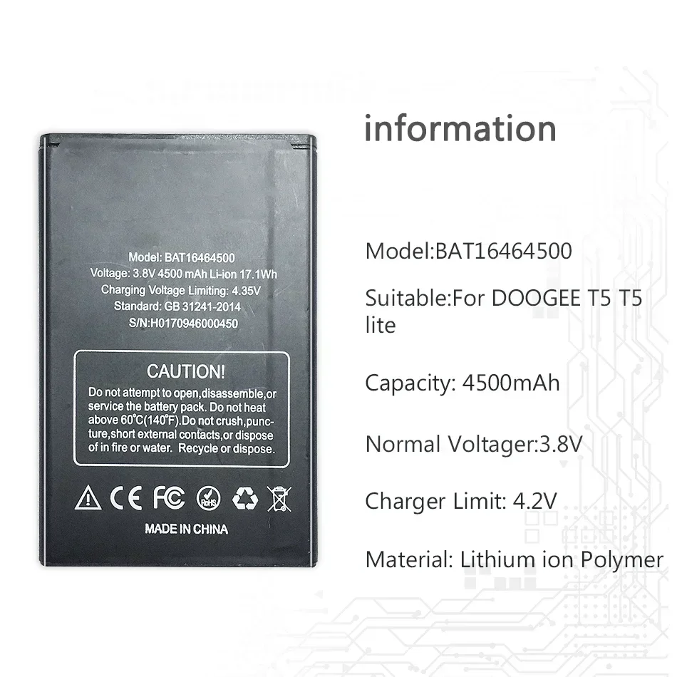 Replacement Battery for DOOGEE T5 Lite, T5Lite, 4500mAh, BAT16464500, High Quality Batteries Track Code