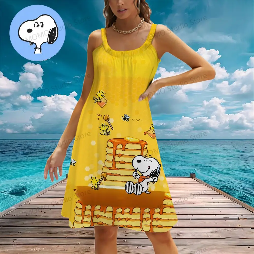 

Women's Beach Dresses Snoopy Kawaii Y2k Summer Boho 2024 S-3XL Youthful Woman Clothes New Dress Sling Fashion