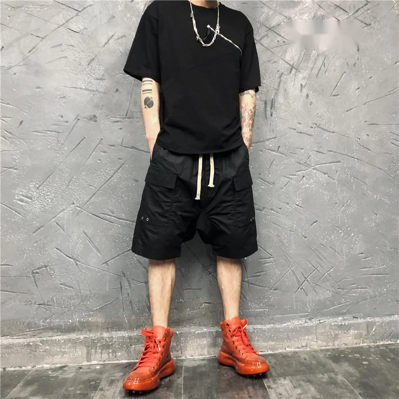 HKSH Spring Summer New Men Tide Dark Style Low-Cut Harem Pants Unique Patchwork Loose Fit Trendy Tie-Waist Cargo Shorts HK26574