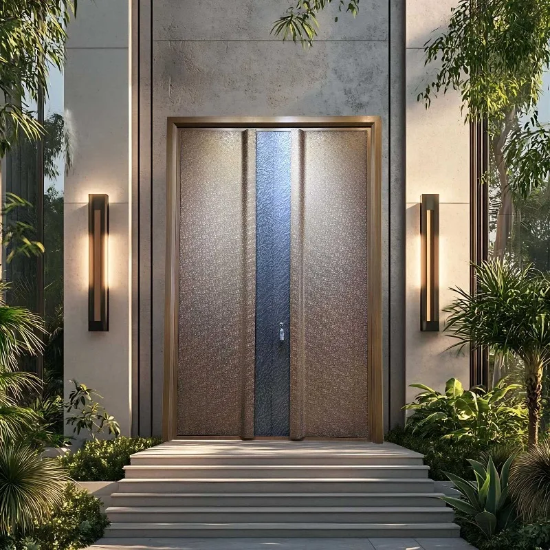 Hot bending process cast aluminum door New Chinese retro style two-color fingerprint lock wood grain door