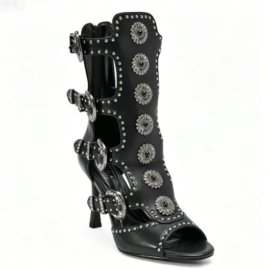 Women's Western Studded Buckle Cutout Heel Boots Open Toe Cowboy Style Sandals Vintage Edgy Footwear for Parties Festivals