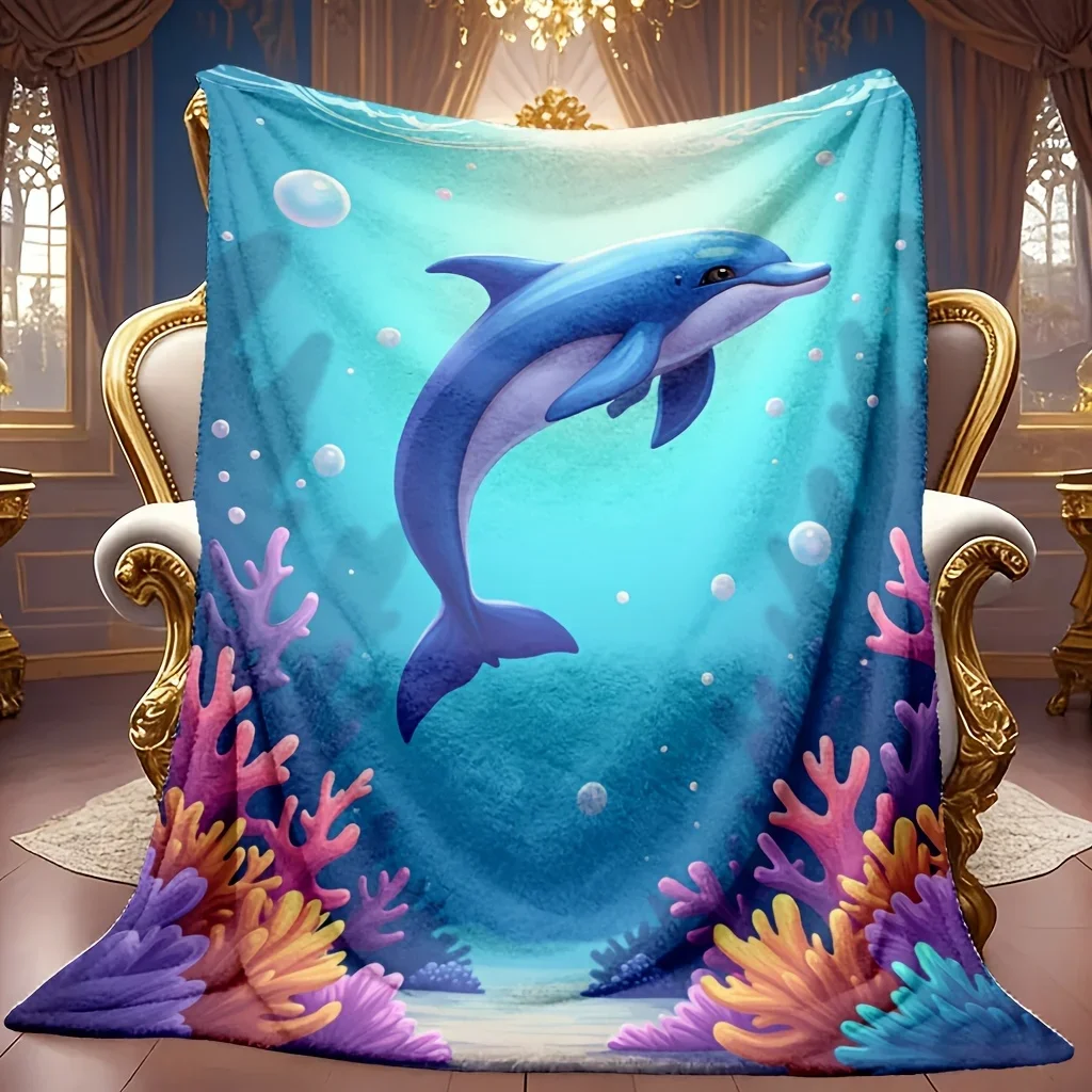 Blue Dolphin Ocean Throw Blanket Psychedelic Swirl Waves Marine Animal Sea Art Vivid Cozy Cover For Sofa Rocking Chair