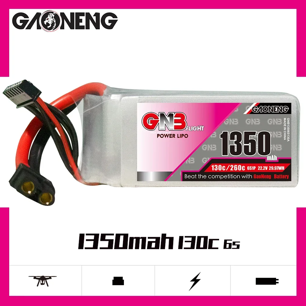 

GAONENG GNB 1350mAh 6S 130C 260C 22.2V XT60 LiPo Battery Size 180-330mm Brushless FPV Cine Whoop Cinelog Helicopter