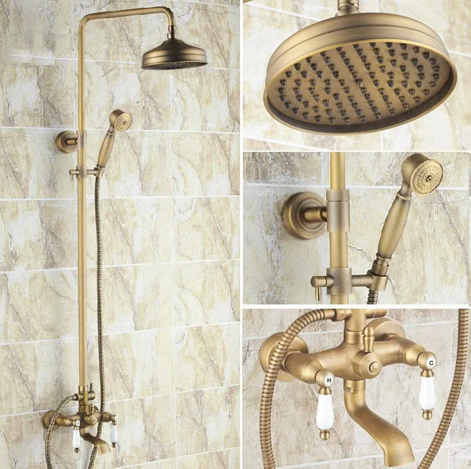 

Vintage Antique Brass Bathroom Faucet Set 8" Rainfall/Handheld Shower Faucets Kit Bathtub Hot And Cold Shower Water Taps Drs146