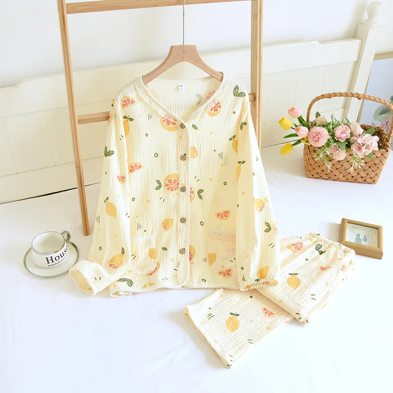 100% Cotton Crepe Women's Pajamas Two-piece Set Women's Long Sleeved Pajamas Set Fresh Lemon Printed Pijamas Women's Home Wear