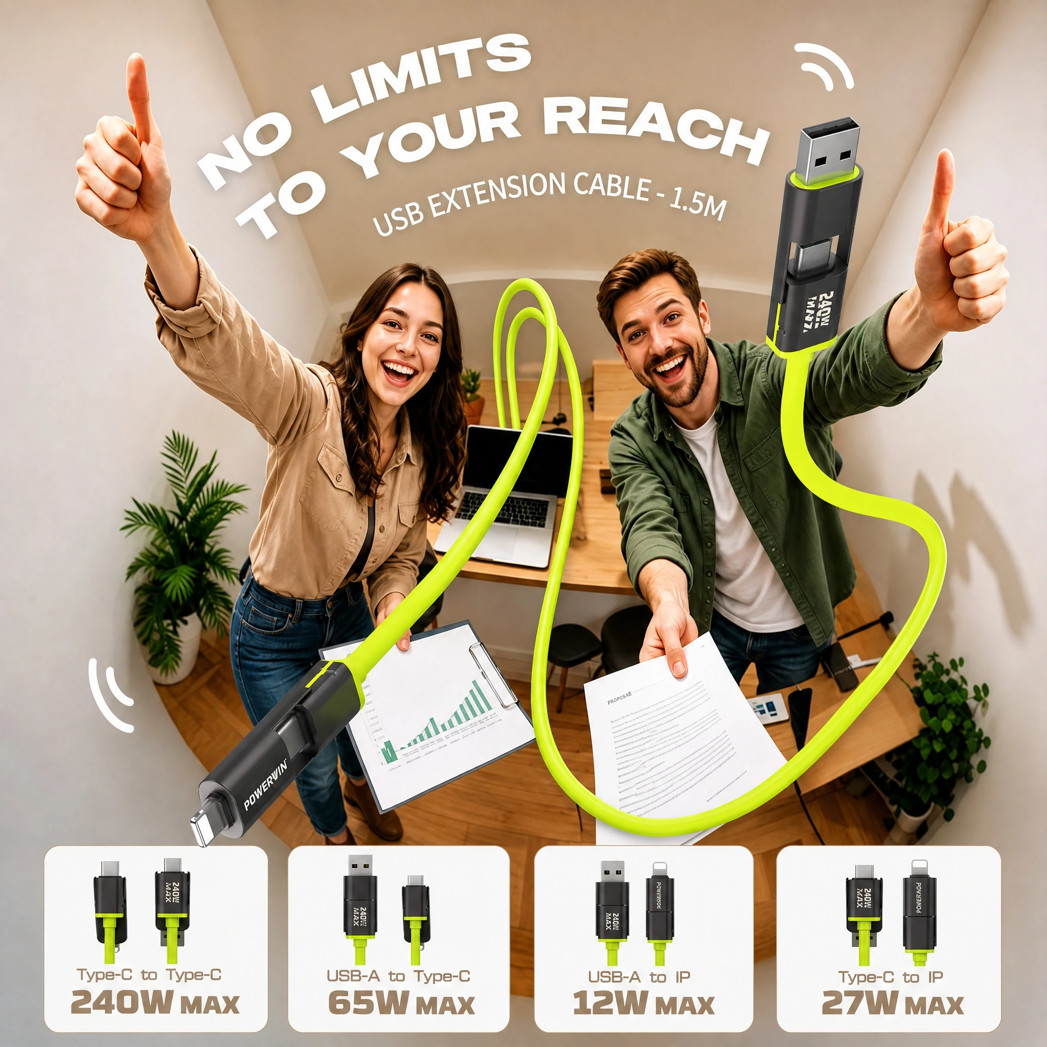 POWERWIN 240W USB C to C Cable, PD3.1 Fast Charging 5A Cable, 1.5m Braided Cord for Laptop, Tablet, Phone, Power Bank