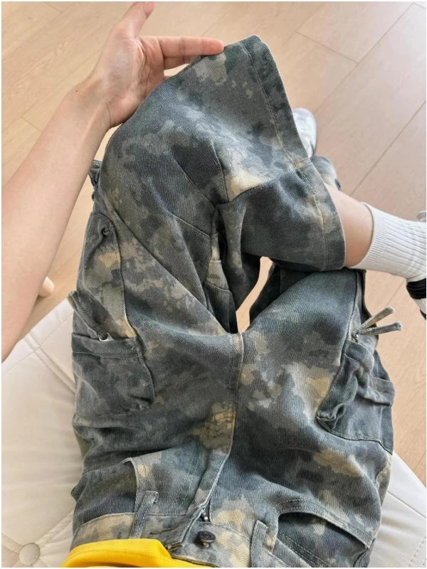 

High Waist Wide Leg Seven-Foot American Retro Camouflage Workwear Jeans Unisex Summer Casual Denim Pants Loose Straight Cut