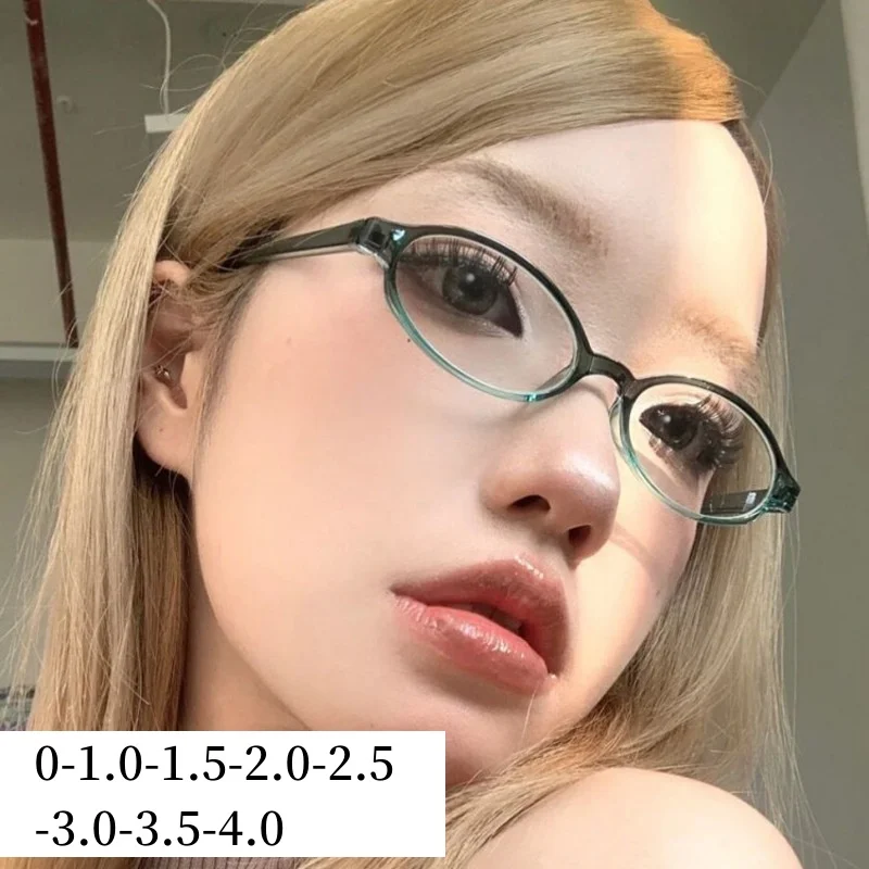 New Retro Small Frame Glasses Student Anti Blue Light Myopia Glasses Elliptical Shape Green Spicy Girl Style Near Sight Eyewear