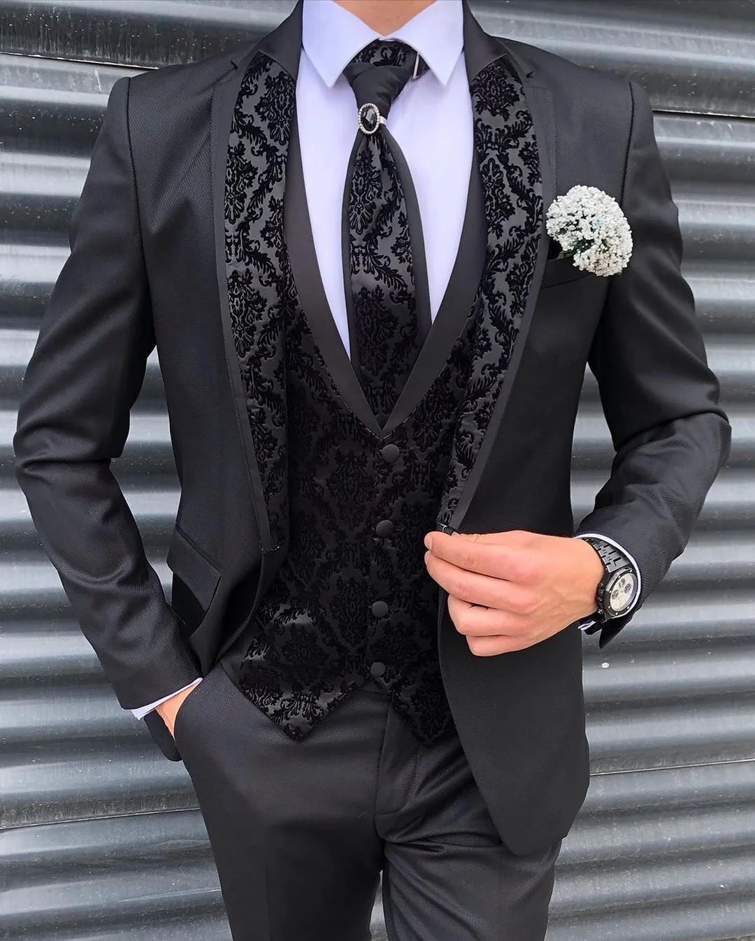 Black Pattern Men Suits Tuxedos One Button Formal Slim Fit For Wedding Prom Party (Blazer+Vest+Pants) 3 Pieces Custom Made