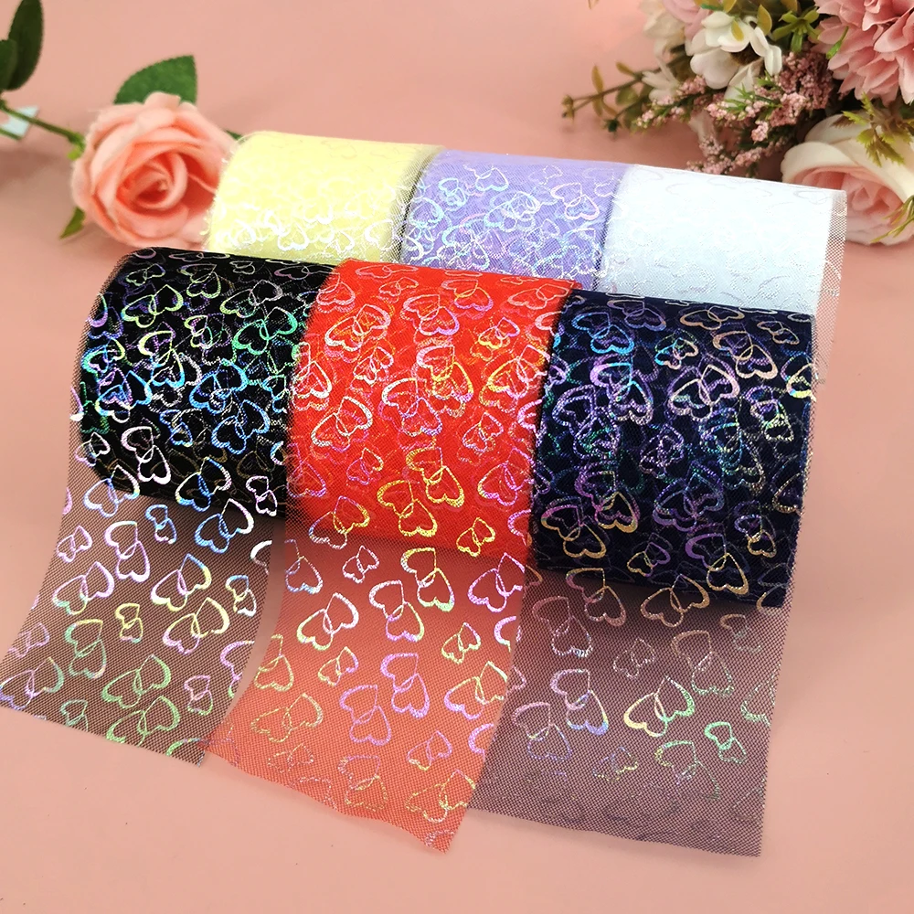 6cm 25Yards Heart Tulle Ribbon Valentine Gift Wrapping DIY Handmade Love Bows Mesh Sewing Crafts Hair Clips Girl's Hair Ornament