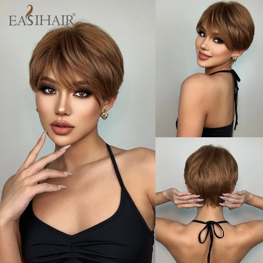 Synthetic Brown Golden Short Straight Wigs With Pixie Cut Bang Bob Layered Hair Wig for Women Daily Cosplay Party Heat Resistant