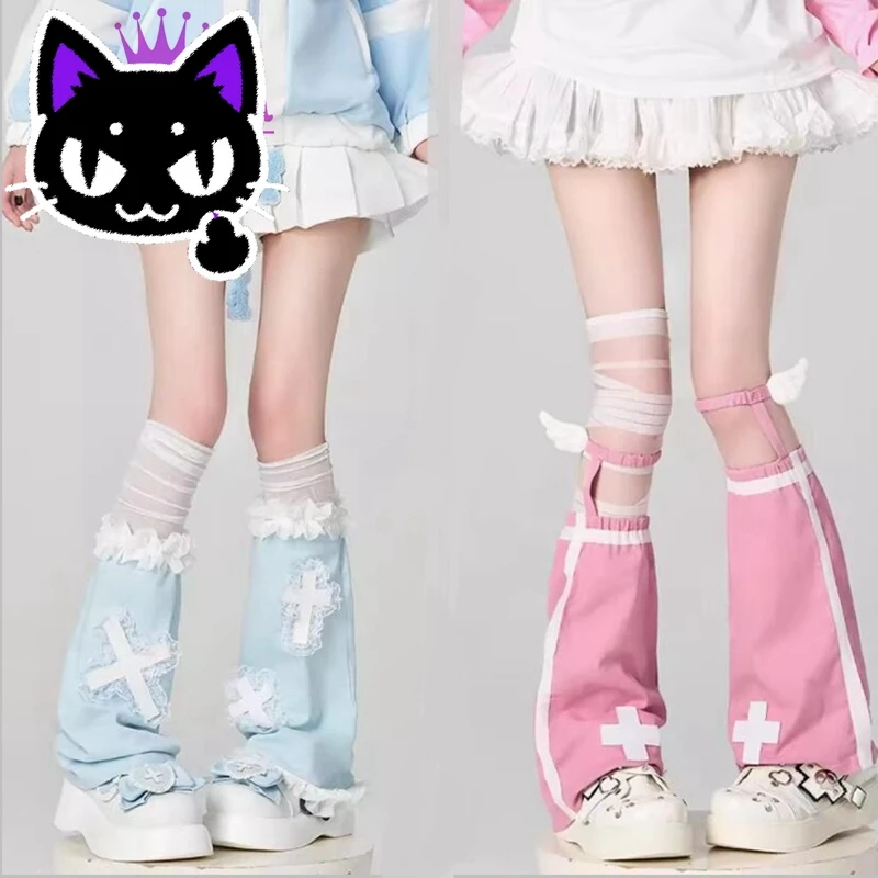 2025 hot sale Harajuku Blue White Pink Cross Lace Leg Warmers Socks Women Y2k Angel Wings Elastic Leg Cover Japanese Kawaii Boot