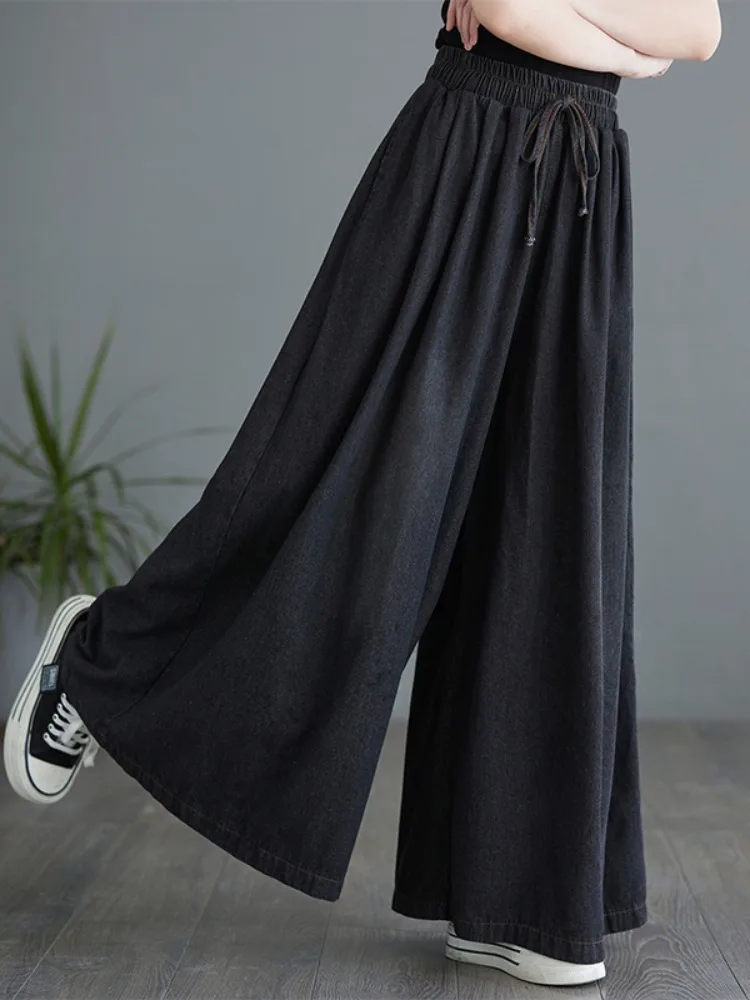 Wide Leg Relax Denim Pants Women\'s Summer Fashion Elastic Waist Solid Color Simple Baggy Casual Jeans Female Vintage Streetwear