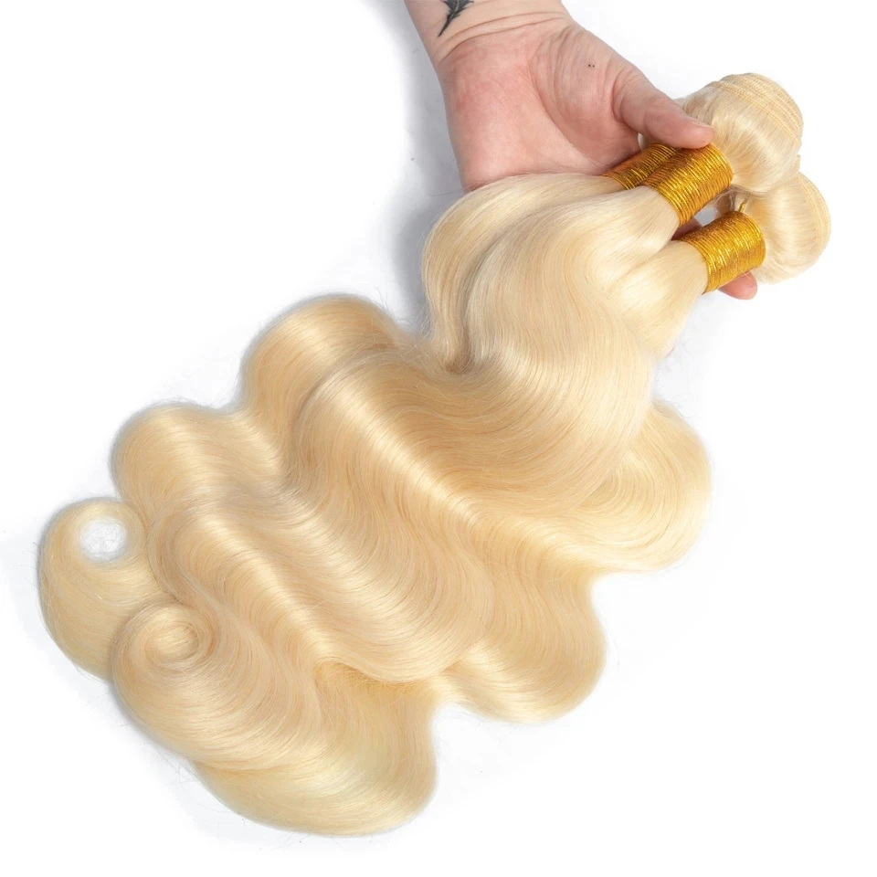 Mèches Brésiliennes Naturelles Body Wave 613 Blond, 13x4, avec Dentelle de Fixation, Tissage, Lots de 3