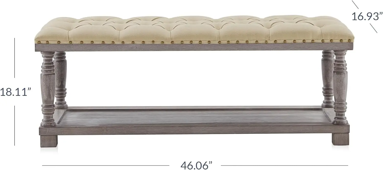 Banco otomano tapizado Rectangular grande, Banco de lino copetudo con estante de madera de almacenamiento, reposapiés otomano para cama, 46 H