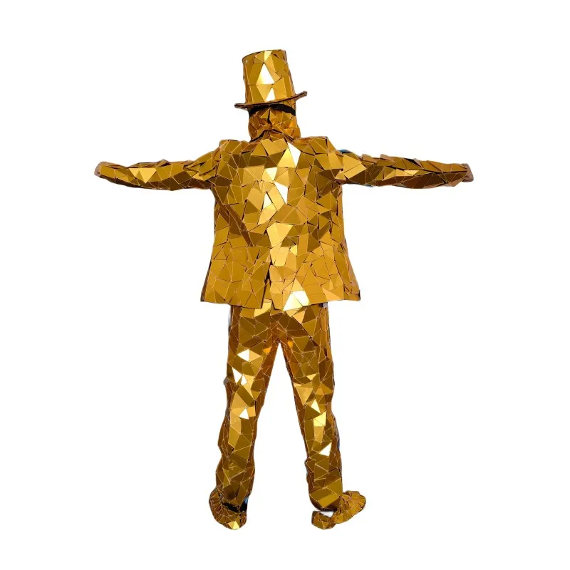 Gold Mirror Glass Men Stage Dance Costume Robot Men Wear Hand Sewn Suit Perform Jacket Sparkly Walker Catwalk Silver Gloves Mask