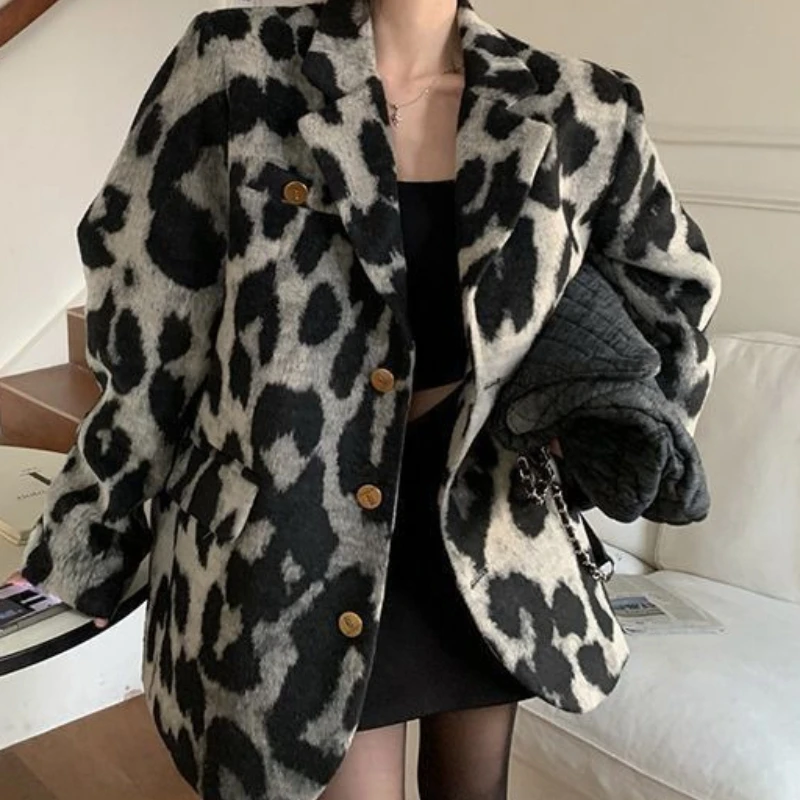 

Шерстяное пальто с леопардовым принтом, новый свободный и элитный стиль, толстое шерстяное пальто