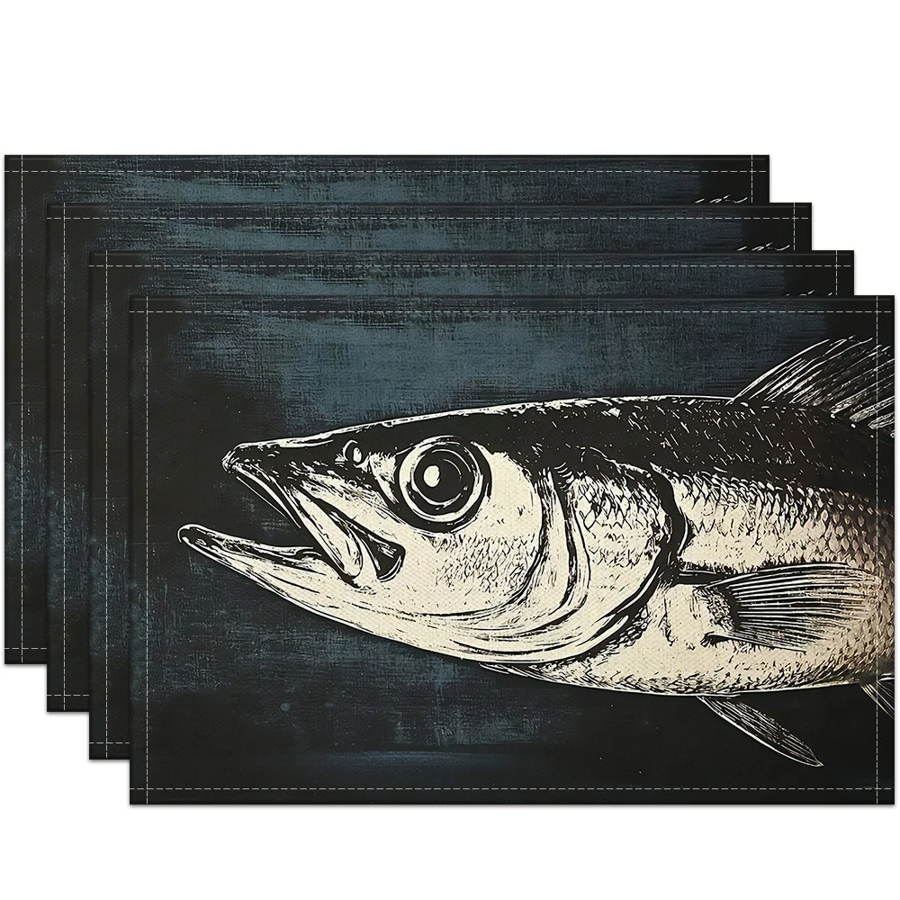Linen Base Folk Fish Placemats Neutral Tone Table Decor Rustic Tray Display Coastal Farmhouse Dining Table Gift