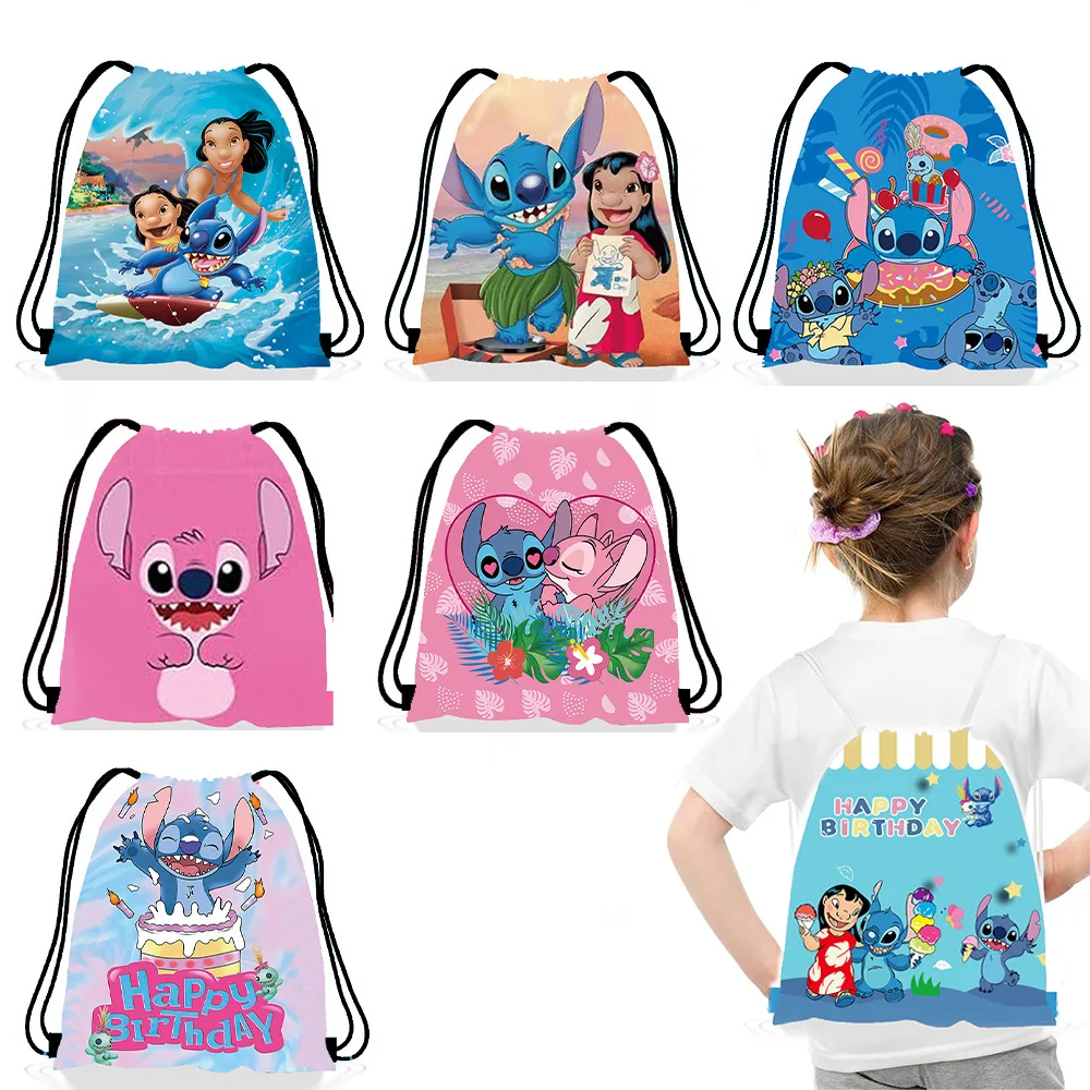 Anime Disney Stitch Series Bundle Pocket Children's Birthday Party Drawstring Backpack Portable Storage Bag