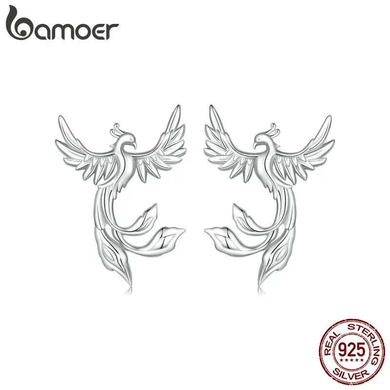 

BAMOER 925 Sterling Silver Dainty Phoenix Stud Earrings Bird Hypoallergenic Earrings for Women Fine Jewelry Gifts SCE1786