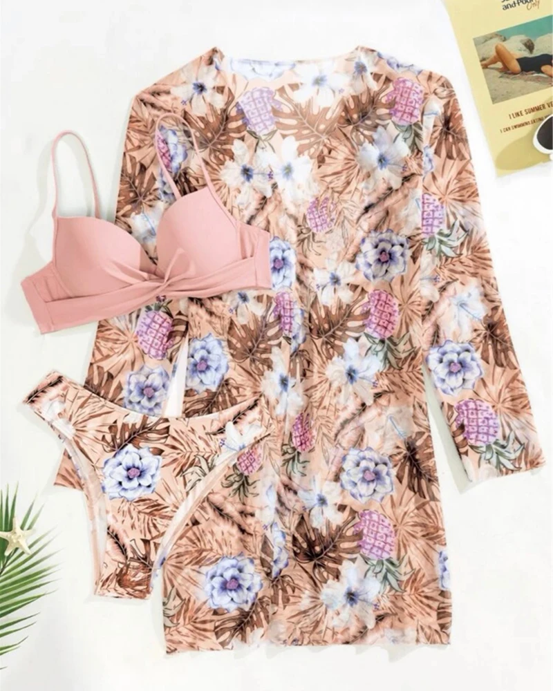 Floral Twist Low Waist Bikini Set Cover Up Swimsuit For Women Push Up Long Sleeve Three Pieces Swimwear 2023 Beach Bathing Suits