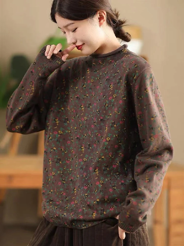 Amax luluE Turtleneck Winter Ladies Printed Casual Pullover Classic Cotton Sweaters Vintage Loose Elegant Floral Knitted Clothes
