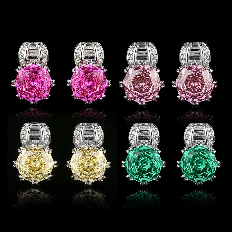 

12mm Rose Cut Pink Yellow Green Cubic Zirconia Stud Earrings Luxury Statement Jewelry for Women Wedding Party Gift Accessories