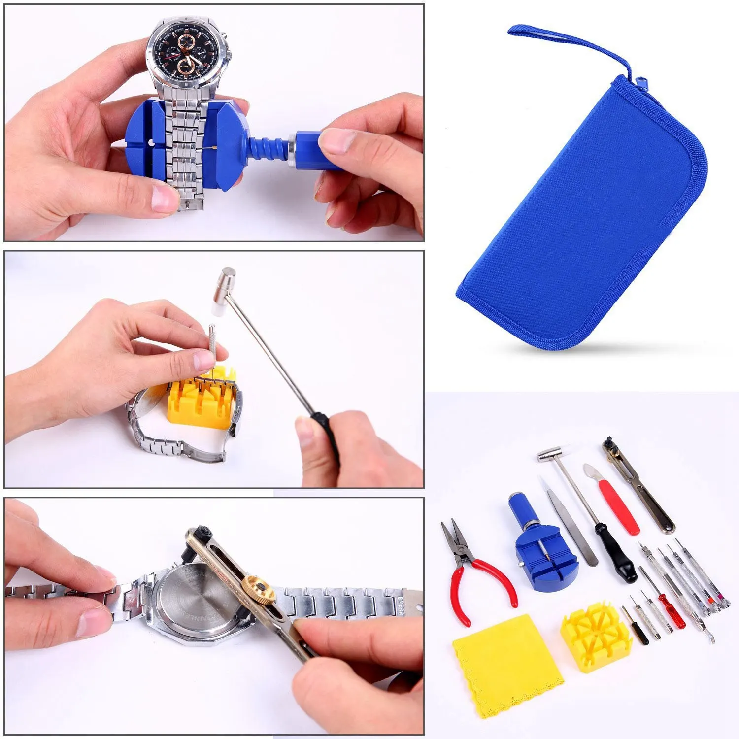 Kit de Réparation de Montre Professionnelle, Ensemble d'Outils à exacpilles de Liaison avec Étui de Transport (Bleu), 17 Pièces