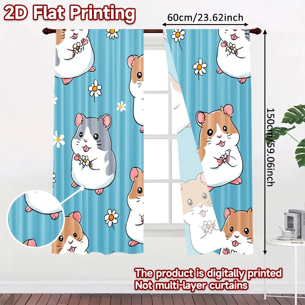 2D flat printing 2pcs Party Window Curtains Cute Coon Hamsters Play Digital Printed Polyester Drapes Family Party for Classroom