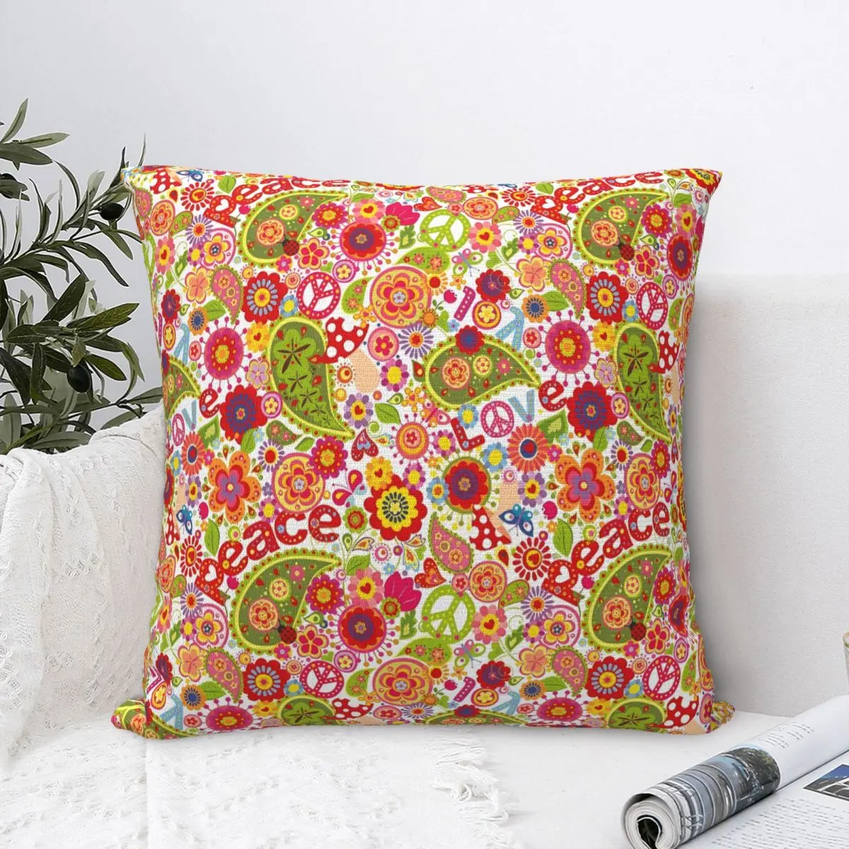 Peace Foral Love Pattern Pillowcase Polyester Cushion Cover Decor Boho Throw Pillow Case Cover Home Zippered 40X40cm