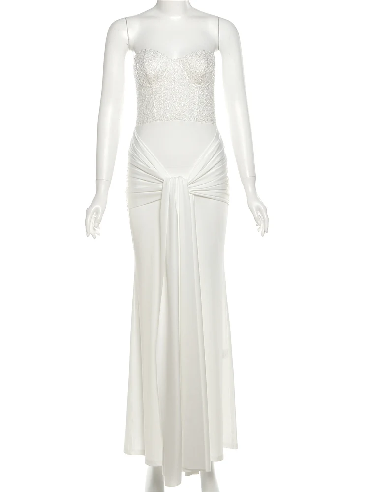 Vestido de retazos de lentejuelas para mujer, vestido Sexy de gato extraño, elegante, sin tirantes, con nudo, cinta envuelta, ajustado, para banquete, actividad, fiesta, ceñido al cuerpo