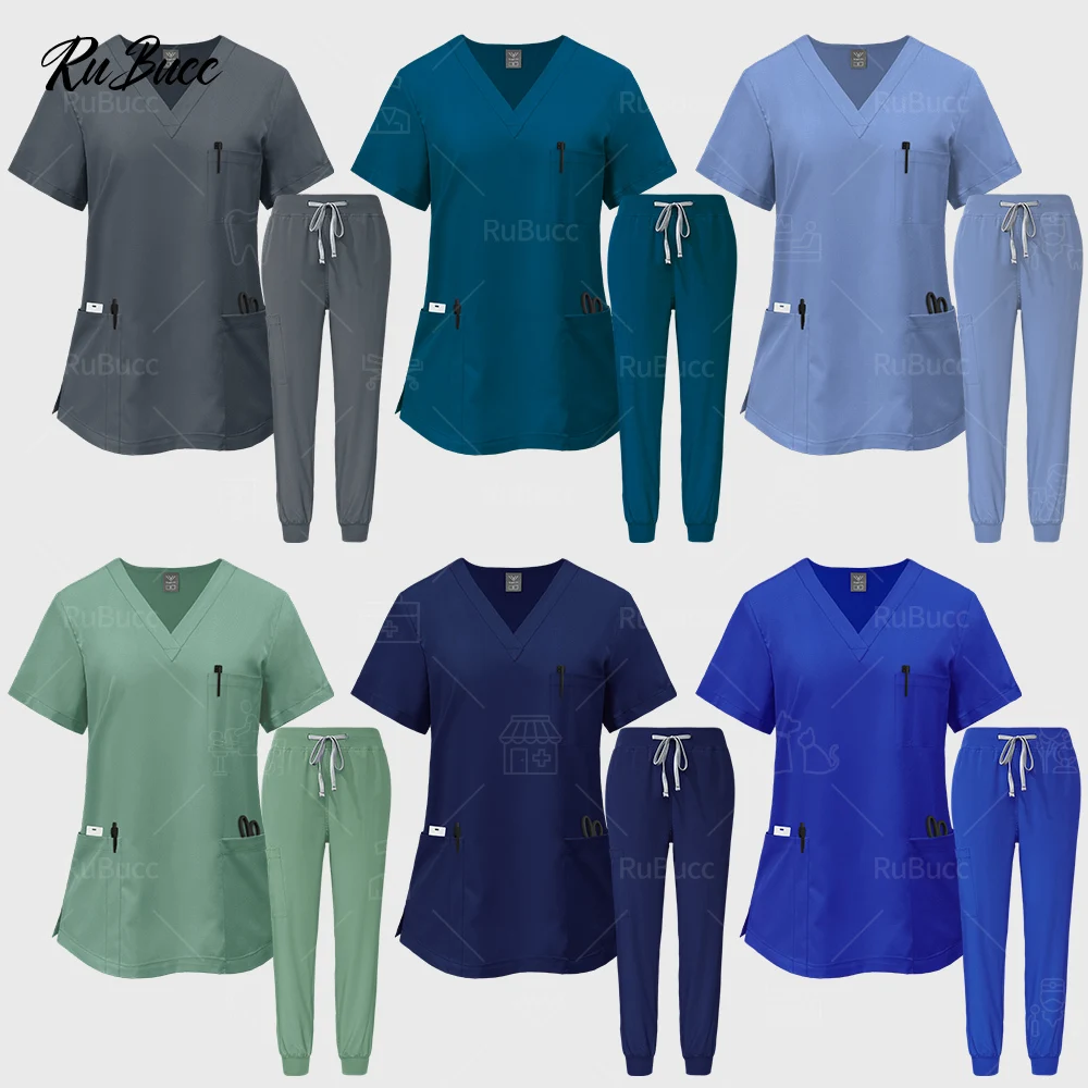 

Multicolour Doctor Nursing Uniforms Nurse Scrubs Set Medical Clinical Clothes Short Sleeve V-neck Tops Pocket Pants Jogger Suits