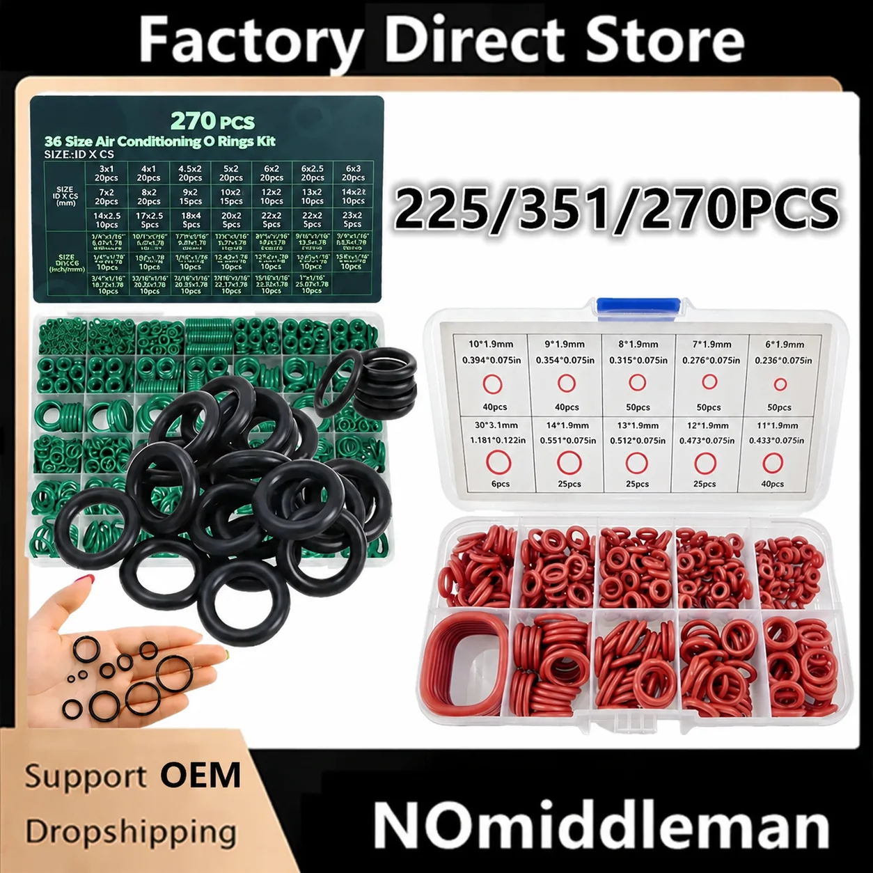 Black 225pcs/green 270Pcs Rubber O-Ring Gasket High Quality Car Air Conditioning System Gasket Universal Washer Assortment