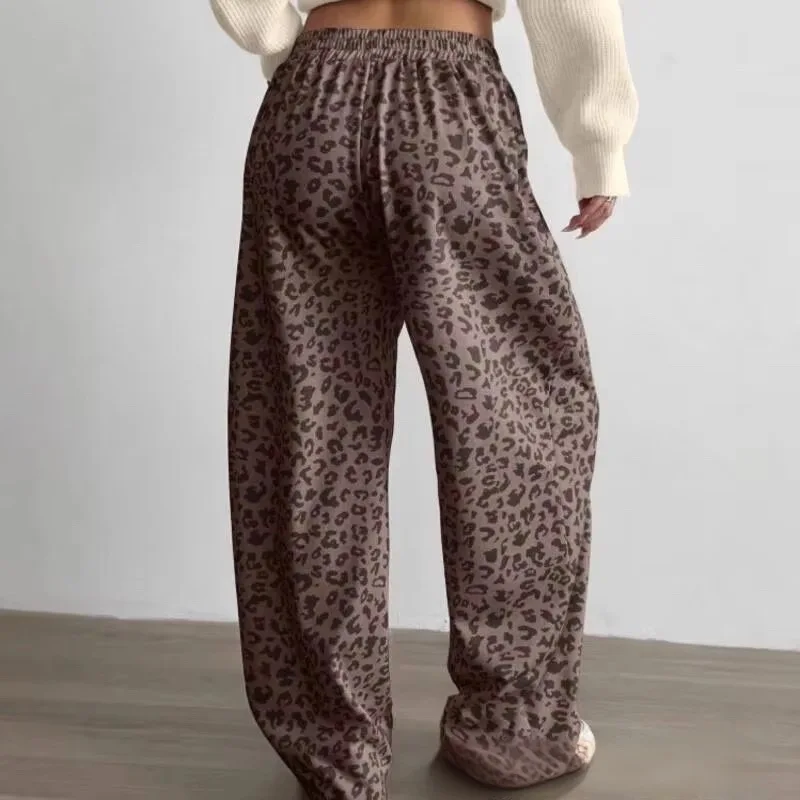 Leopard Print With White Stripe Decoration Loose Pants Women Casual Elastic Waistband Sport Hip Hop Street Fashion Sweatpants