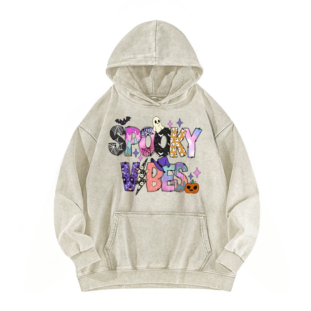 Vibes Cheerful Bat Ghost Pumpkin Casual Washed Hoodie Women's Halloween Autumn Winter Spoky Season Graphic Sweatshirt