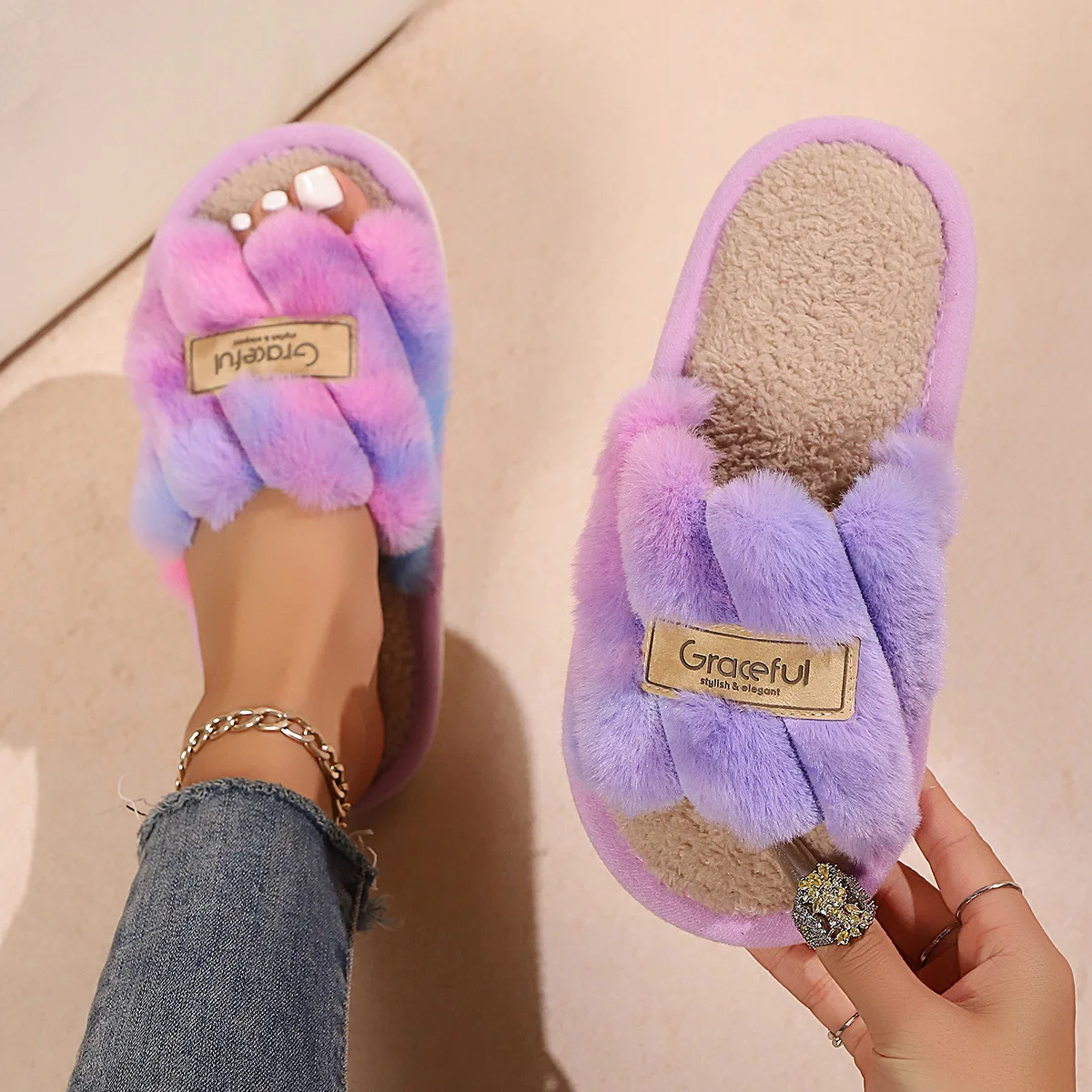 Women's Plush Fuzzy Slippers Home Fur Open-Toe Slides Autumn Winter Indoor Silent Comfort EVA Soft-Soled Bedroom Warm Flip Flops