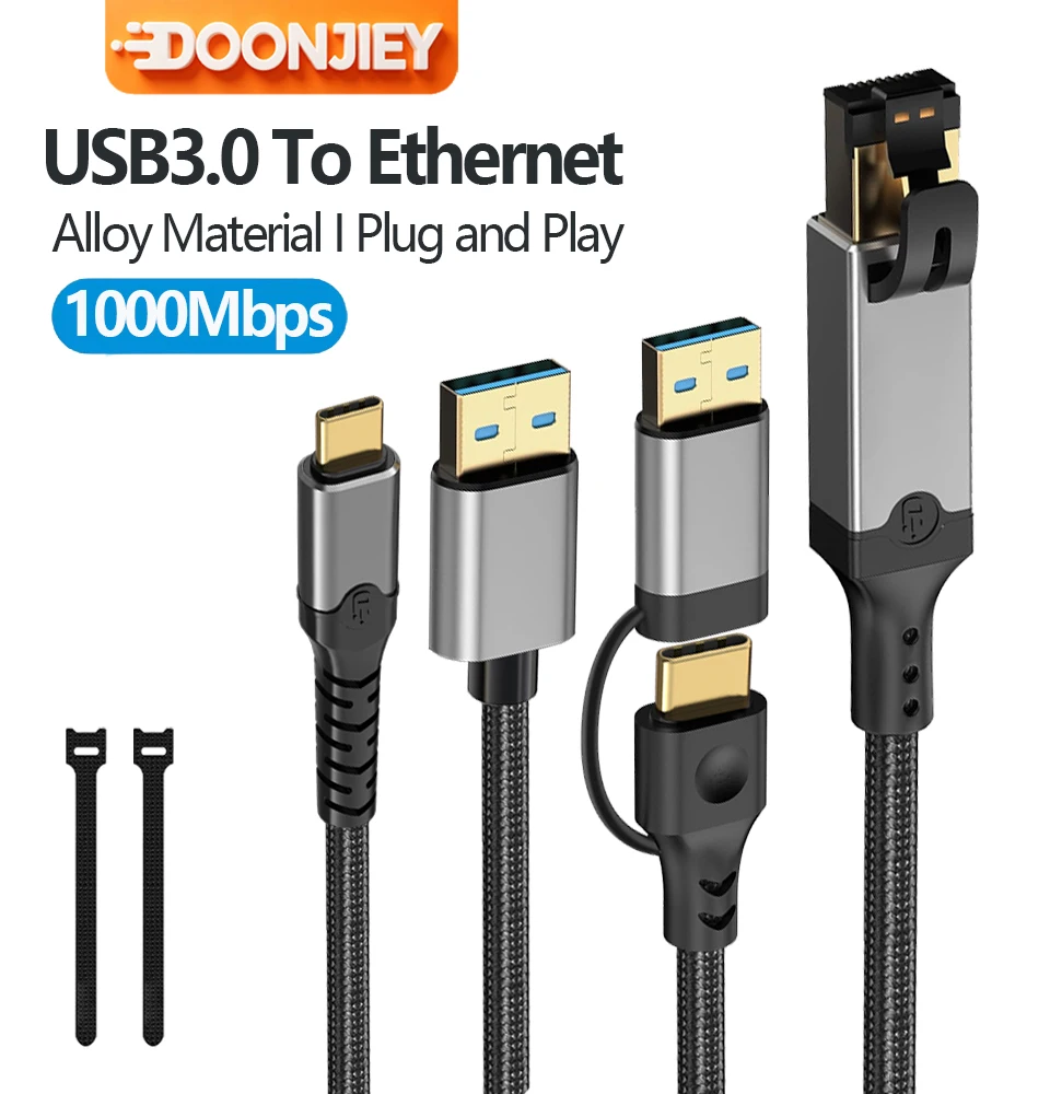 USB 3.0 to Gigabit Ethernet Adapter, TYPE C RJ45 LAN Network Converter with 2 Cable Organizer Straps, 10/100/1000 Mbps