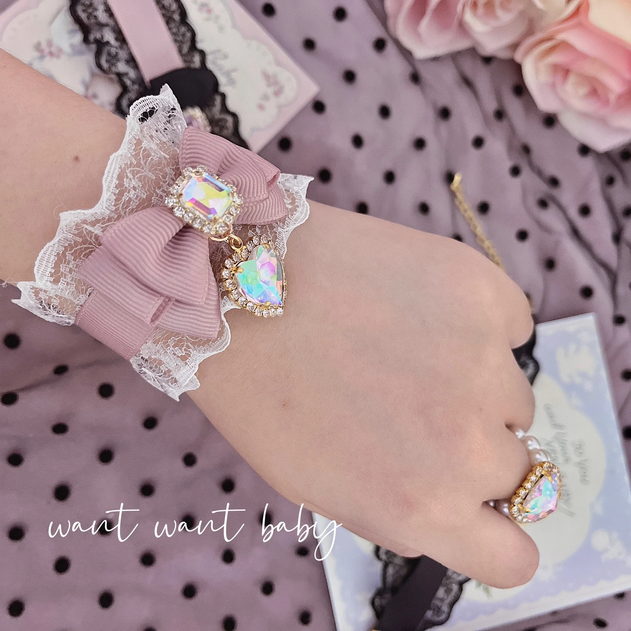 Japanese Lolita Style Women Accessories Sweet Lace Love Heart Bow Tie Rhinestone Oversleeves Brace Lace Bracelet