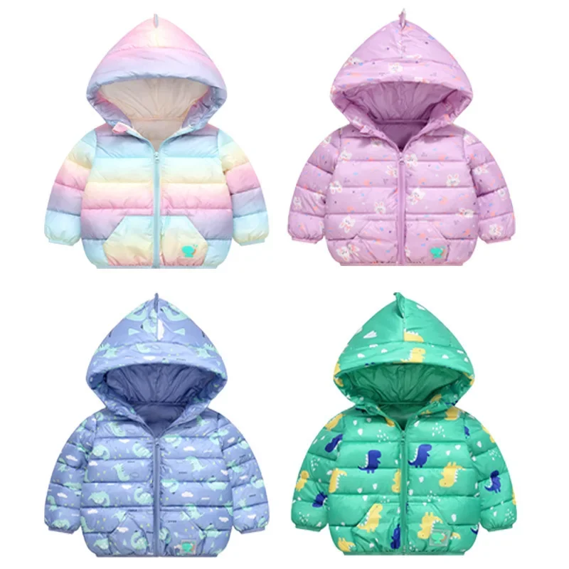 1-5 Years New Autumn Winter Boys Girls Jacket Cartoon Rainbow And Dinosaur Pattrn Thick Keep Warm Hooded Coat For Kids