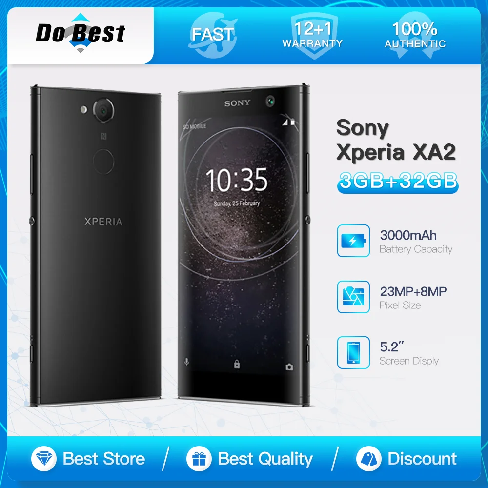 Sony Xperia XA2 H3113 H4113 4G LTE Mobile Phone 5.2'' IPS LCD 3GB RAM 32GB ROM 1/2 SIM Card Snapdragon 630 OctaCore CellPhone