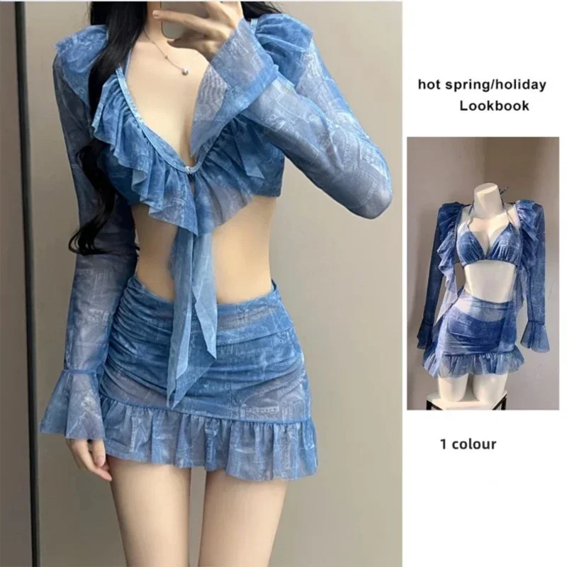 4-teiliger Badeanzug für Damen, Neckholder-Badeanzug, lange Ärmel, Badebekleidung mit Überzug und Strandrock, Sommer-Badeanzug, Badeanzug