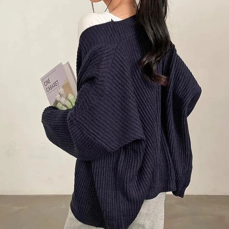 한국 단색 긴팔 가디건 여성 루즈핏 니트 스웨터 코트 여성 가을 겨울 랜턴 슬리브 가디건