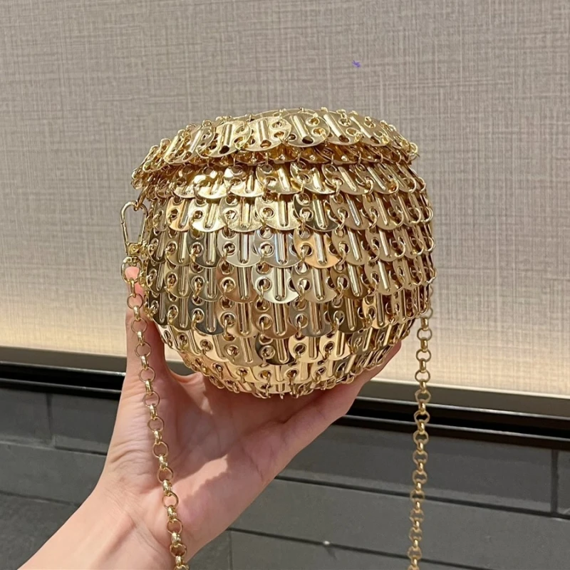 

Luxury Design Gold Silver Metal Sequins Round Evening Bag Fashion Dress Party Wedding Clutch Bag Women's Hand Woven Circle Bag