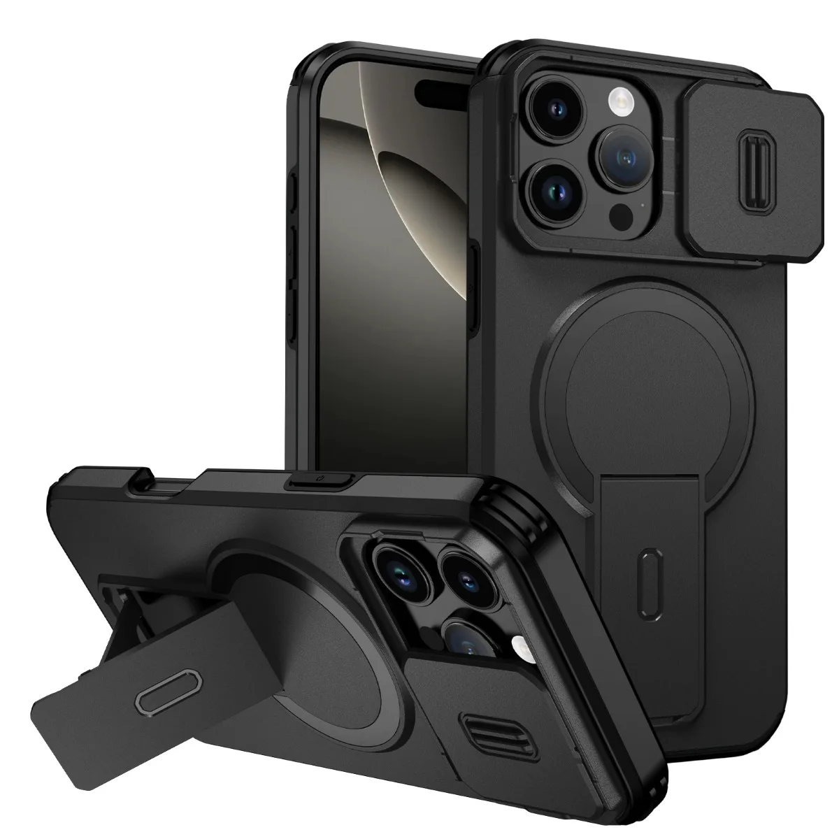 Magnetische Handyhülle für MagSafe für iPhone Air 17 16 15 Plus 14 13 12 11 Pro Max 17E 16E – Panzerhülle mit Ständer und Schiebe-Objektivschutz